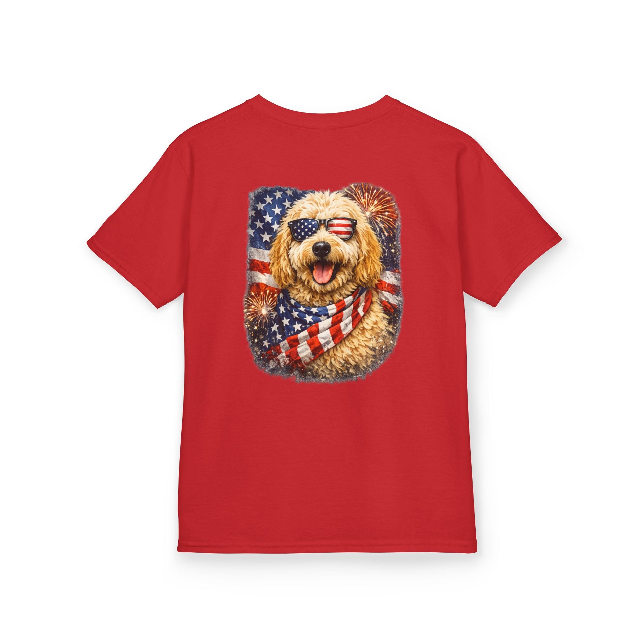 Kids T-Shirt — Patriotic Golden Doodle with American Flag (4th of July, Memorial Day)