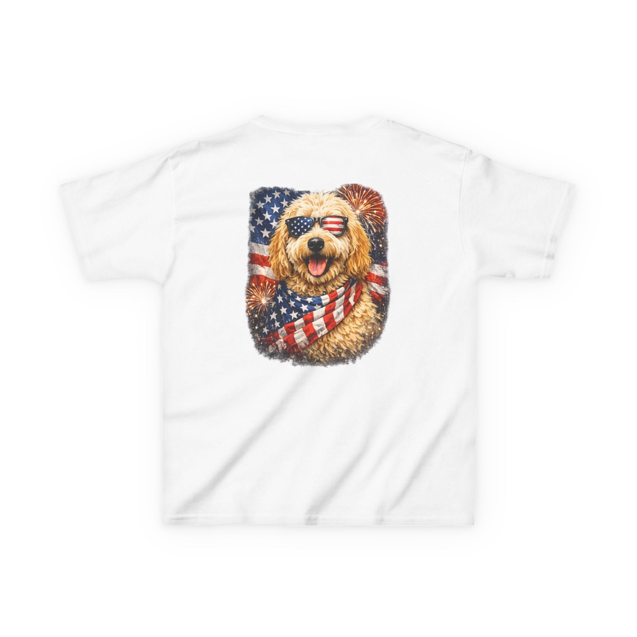 Kids T-Shirt — Patriotic Golden Doodle with American Flag (4th of July, Memorial Day)