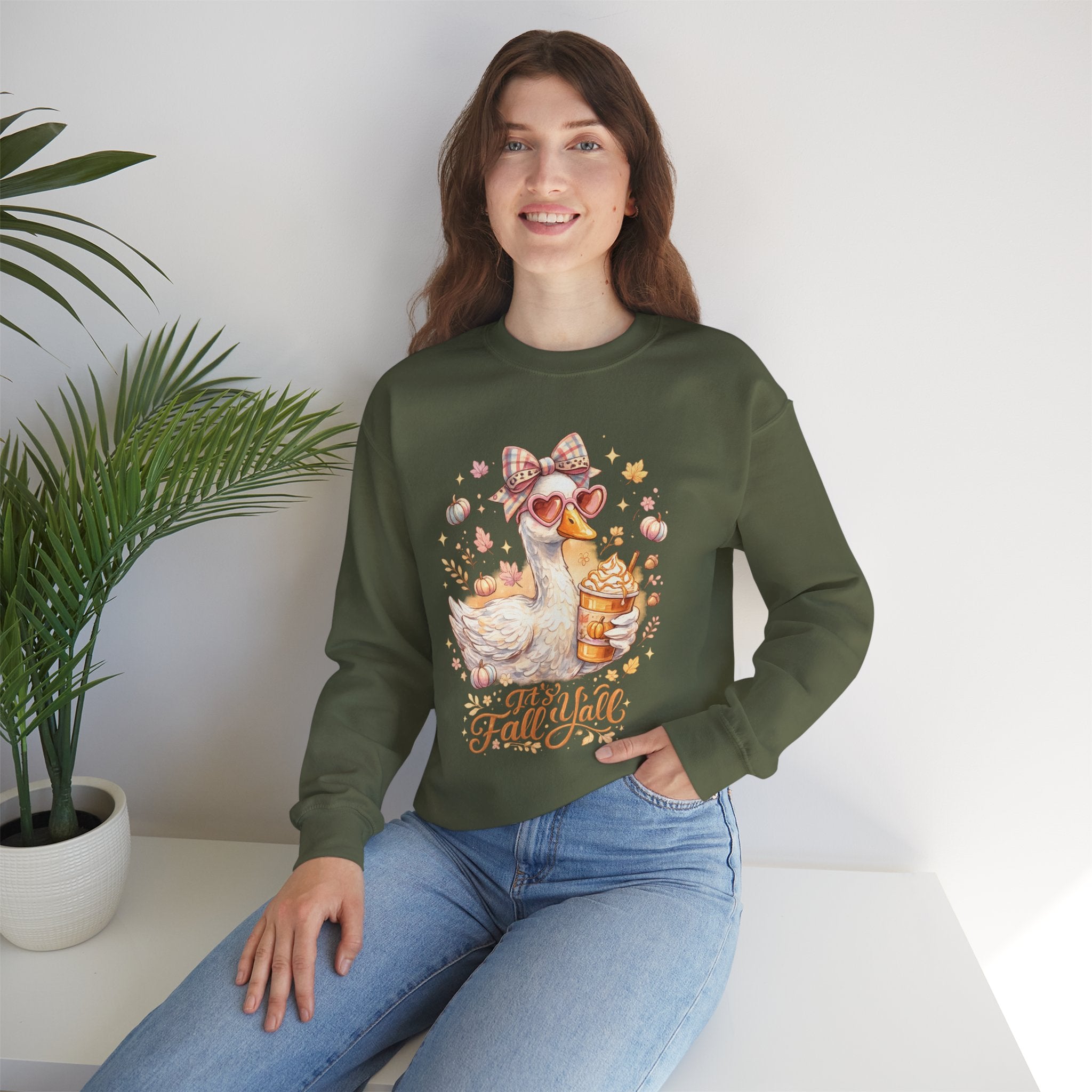 Fall Y'all Duck Crewneck Sweatshirt — Cute Autumn Goose with Pumpkin Spice Cup