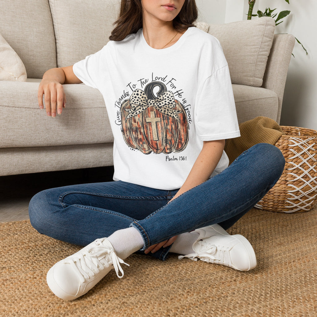 Christian Pumpkin T-Shirt — "Give Thanks to The Lord For He is Good" Fall Faith Tee