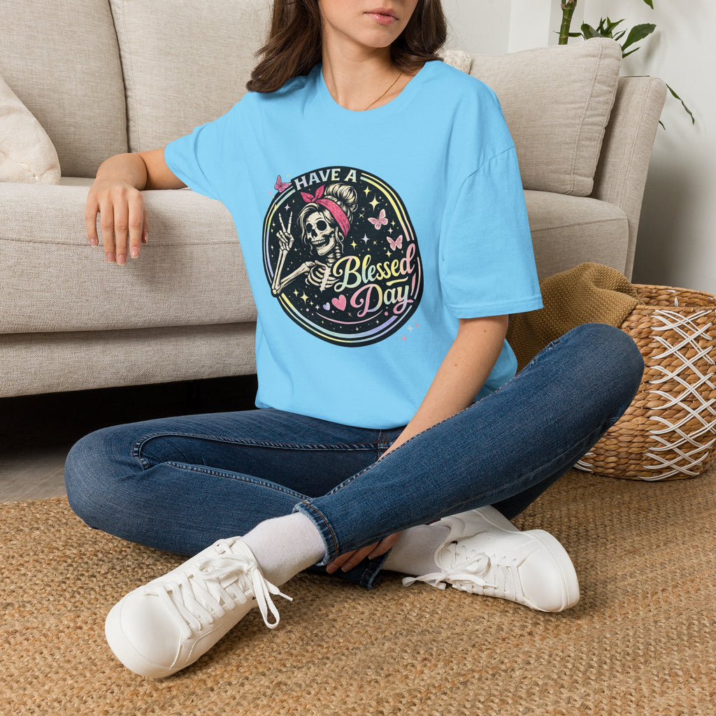 Have a Blessed Day Skull Tee — Retro Floral Skeleton Graphic T-Shirt