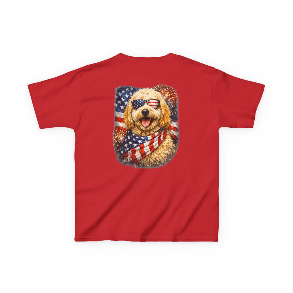Kids T-Shirt — Patriotic Golden Doodle with American Flag (4th of July, Memorial Day)