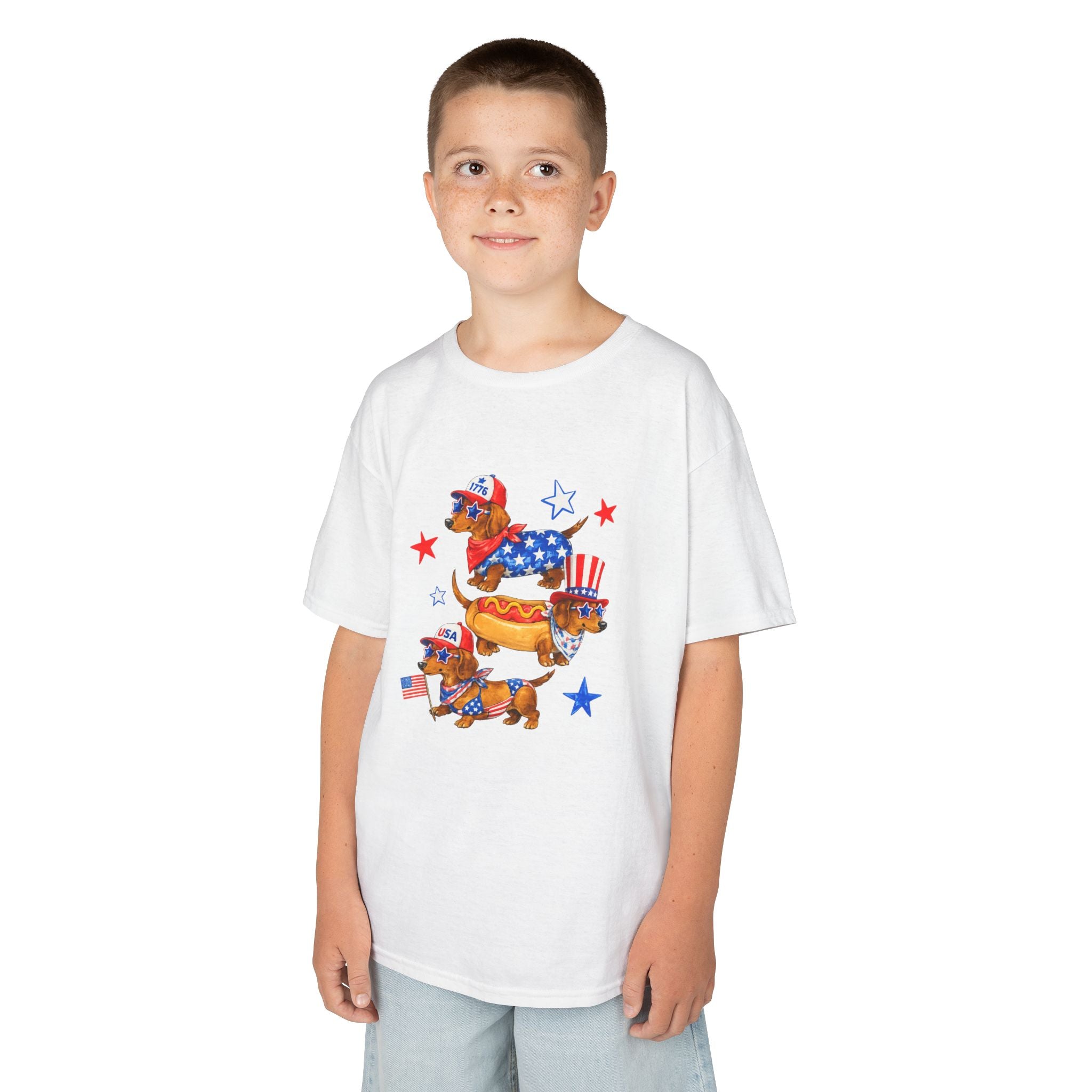 Kids Tee — Patriotic Dachshund Hot Dog Stack (Fourth of July Kids T-Shirt)