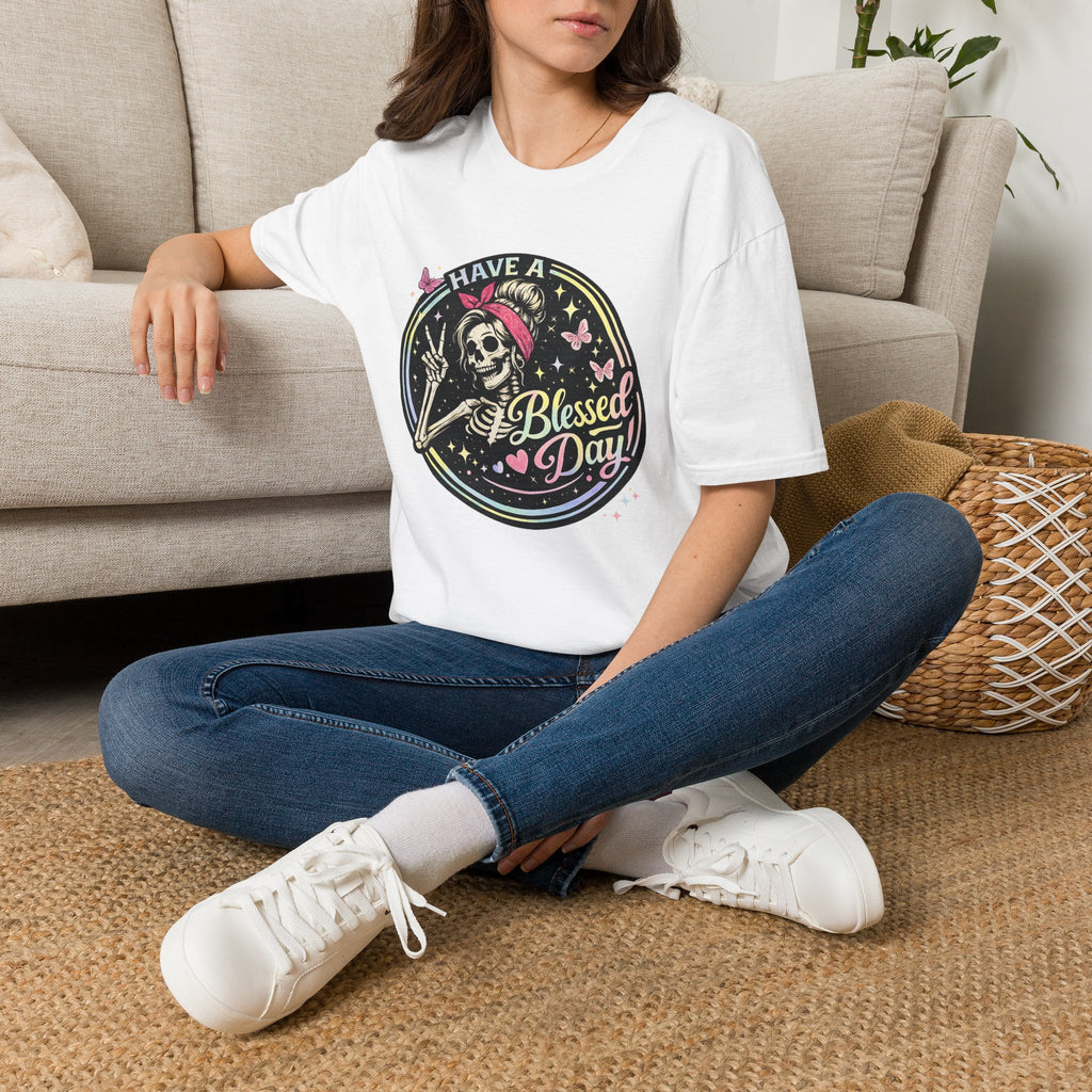 Have a Blessed Day Skull Tee — Retro Floral Skeleton Graphic T-Shirt