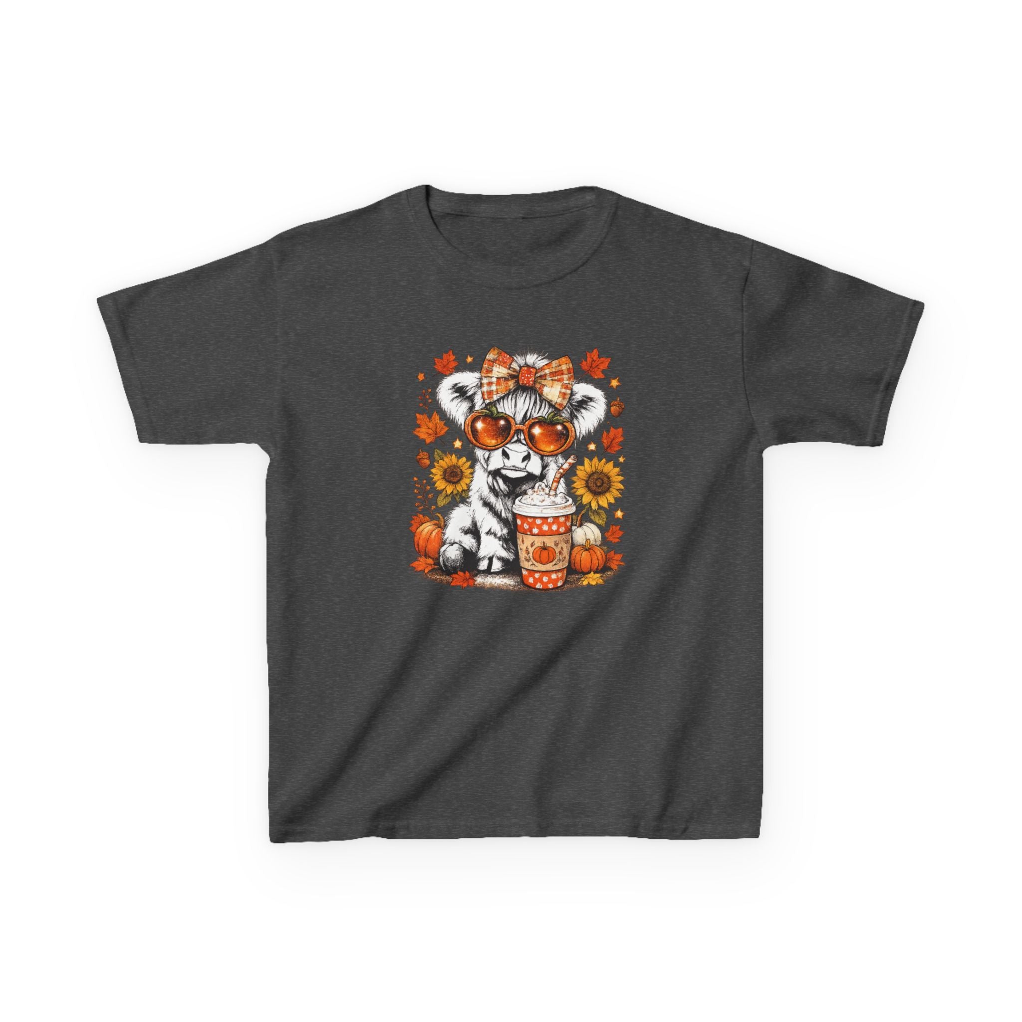 Kids Tee — Autumn Cow with Pumpkin Spice Latte & Sunflowers