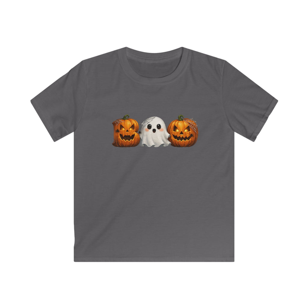 Kids Halloween Tee — Ghost Between Jack-O’-Lanterns