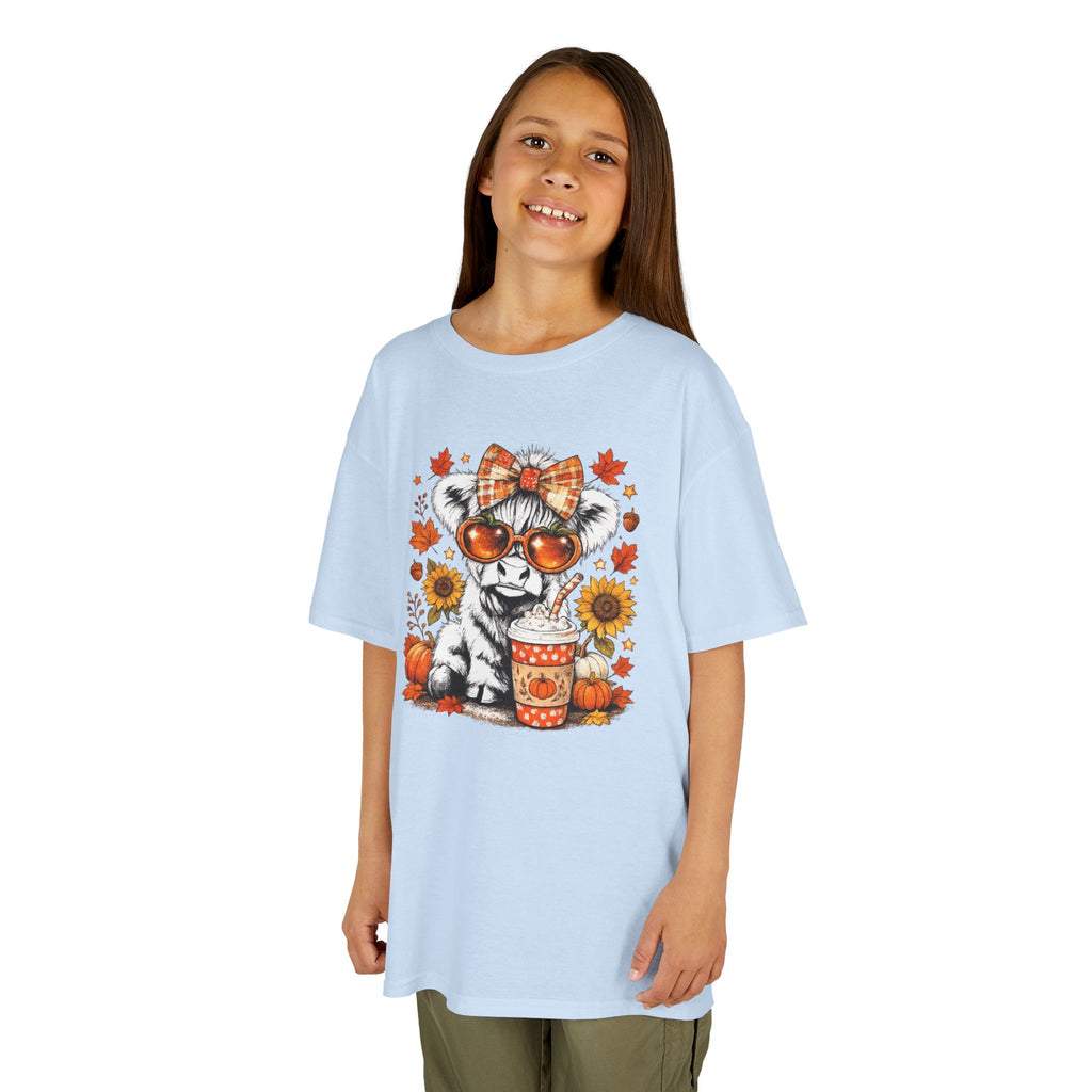 Kids Tee — Autumn Cow with Pumpkin Spice Latte & Sunflowers