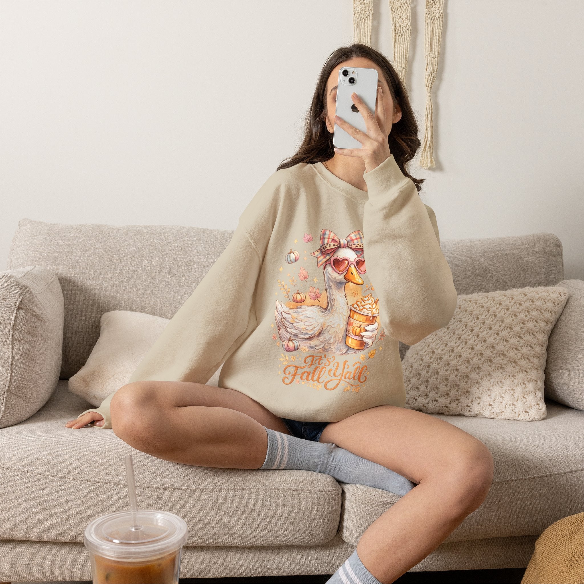 Fall Y'all Duck Crewneck Sweatshirt — Cute Autumn Goose with Pumpkin Spice Cup