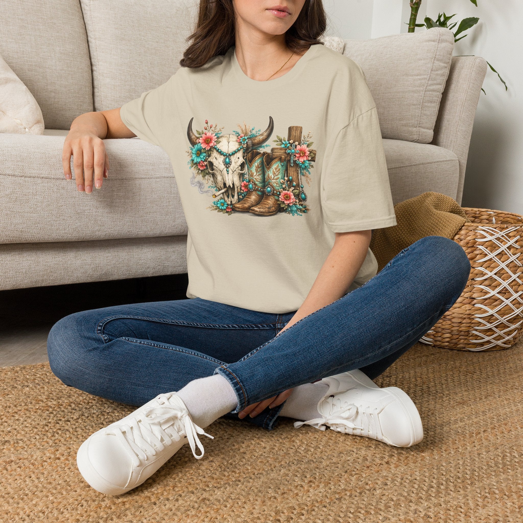 Western Cow Skull Floral T-Shirt — Boho Southwestern Tee