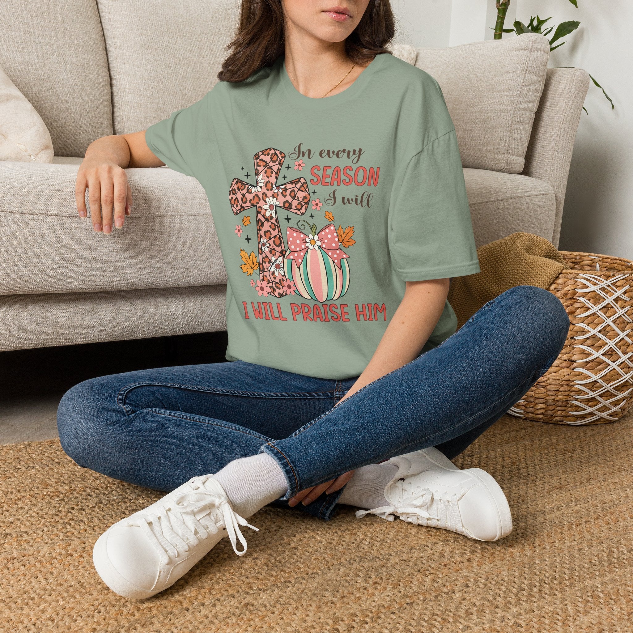 Christian Cross T-Shirt — "In Every Season I Will Praise Him" Faith Tee