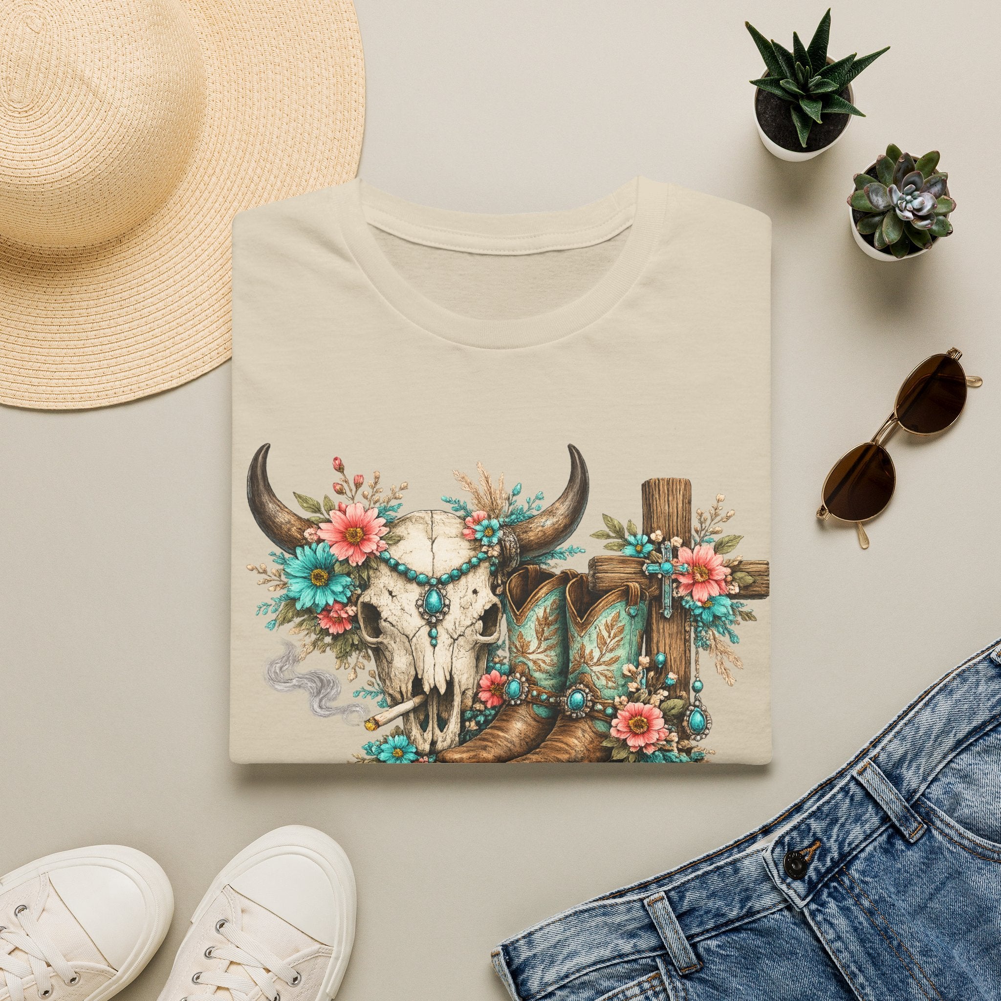 Western Cow Skull Floral T-Shirt — Boho Southwestern Tee
