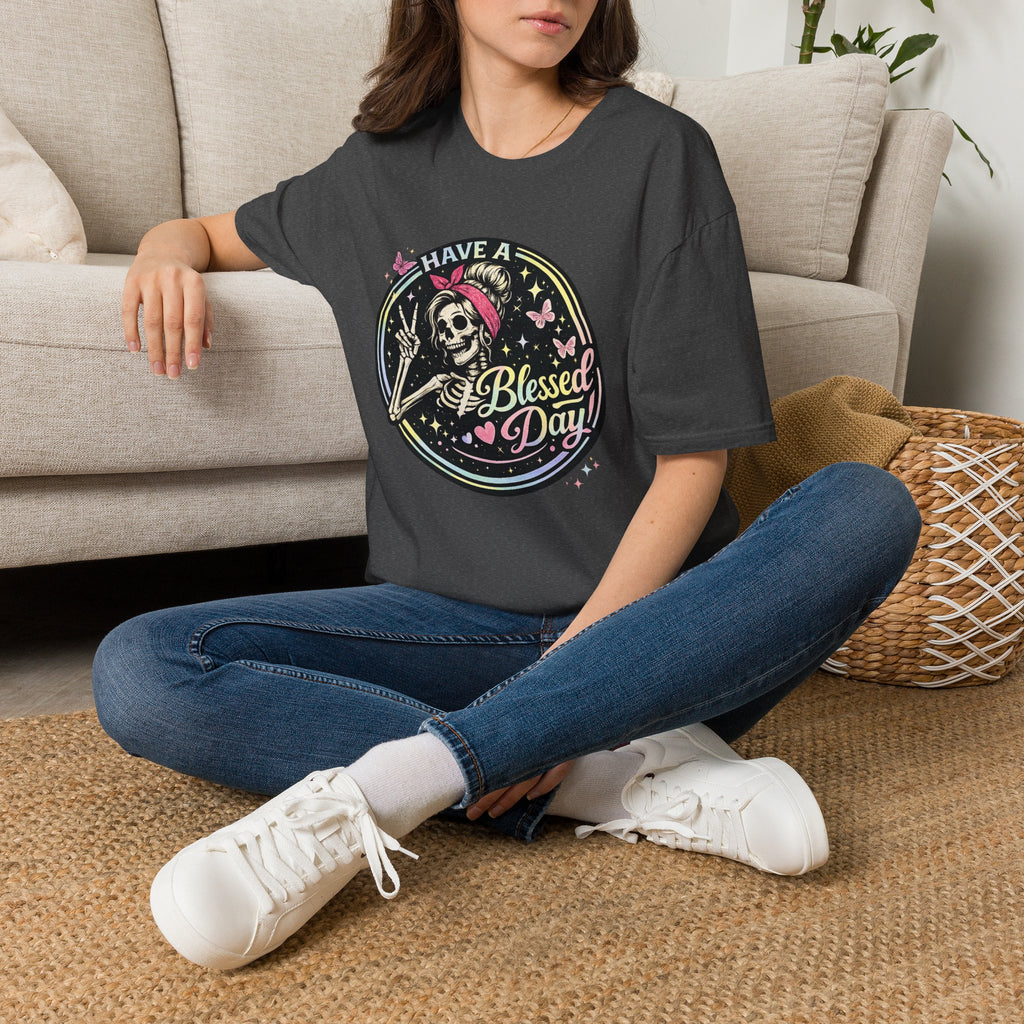 Have a Blessed Day Skull Tee — Retro Floral Skeleton Graphic T-Shirt