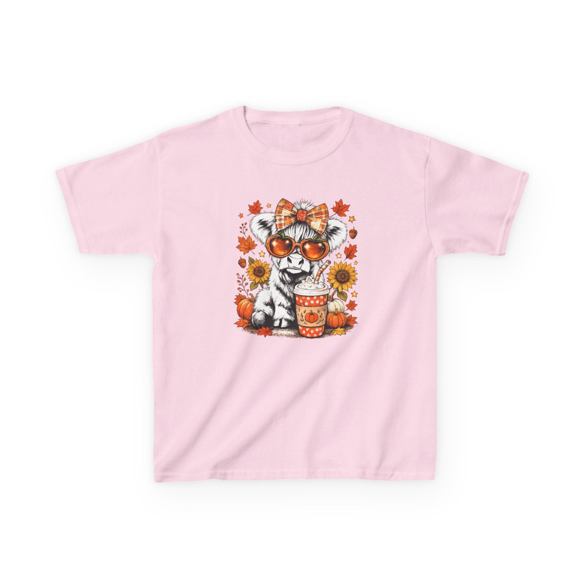 Kids Tee — Autumn Cow with Pumpkin Spice Latte & Sunflowers