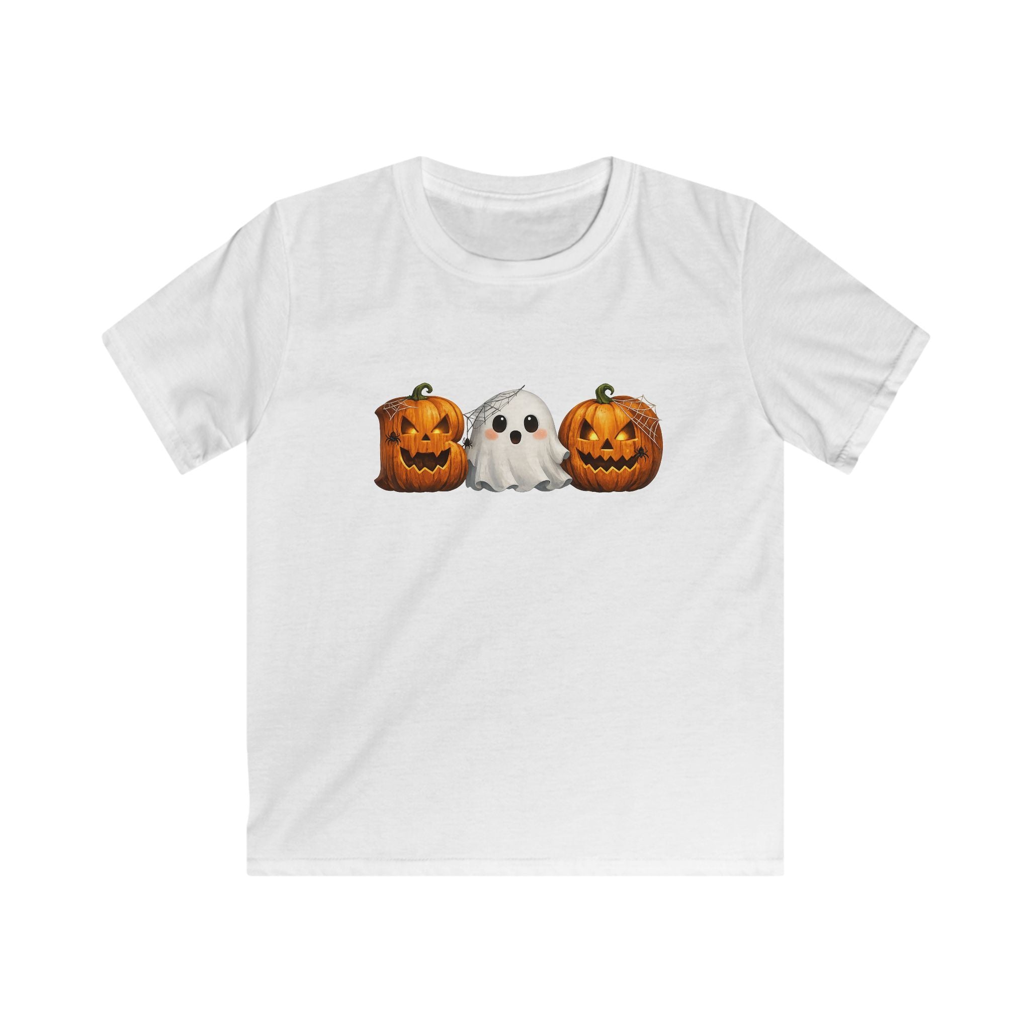 Kids Halloween Tee — Ghost Between Jack-O’-Lanterns