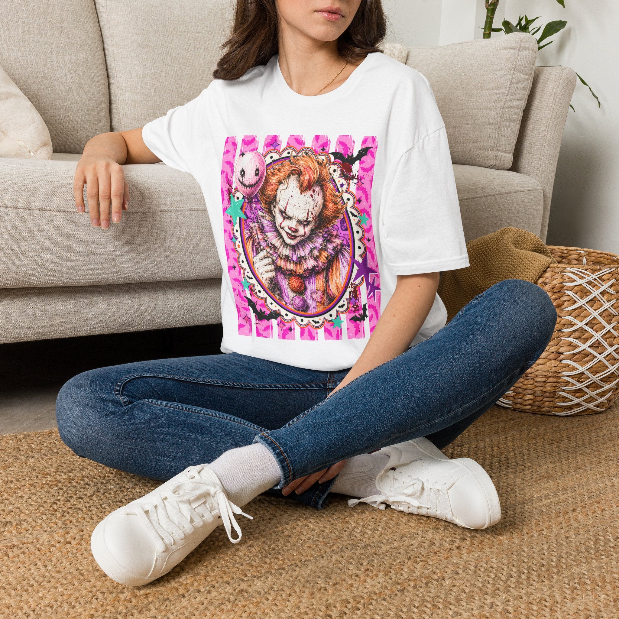 Creepy Clown Graphic T‑Shirt — Pink Horror Balloon Design