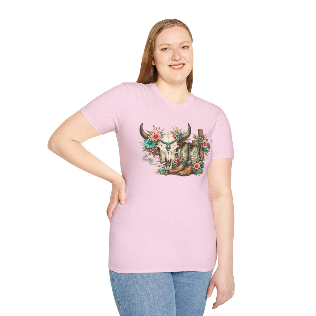 Western Cow Skull Floral T-Shirt — Boho Southwestern Tee