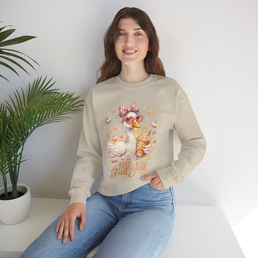 Fall Y'all Duck Crewneck Sweatshirt — Cute Autumn Goose with Pumpkin Spice Cup