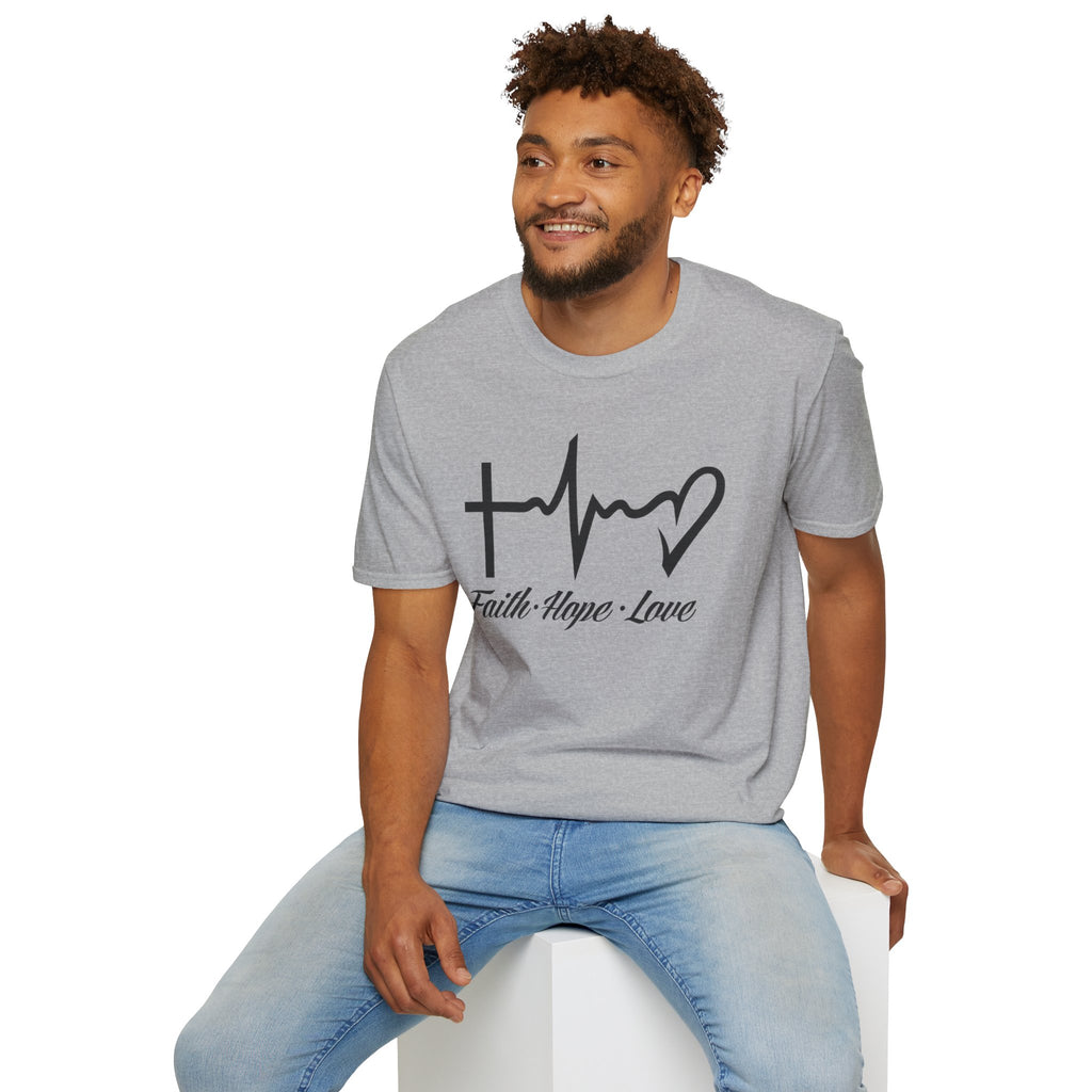 Faith Hope Love T-Shirt — Cross, Heartbeat & Heart Graphic Tee