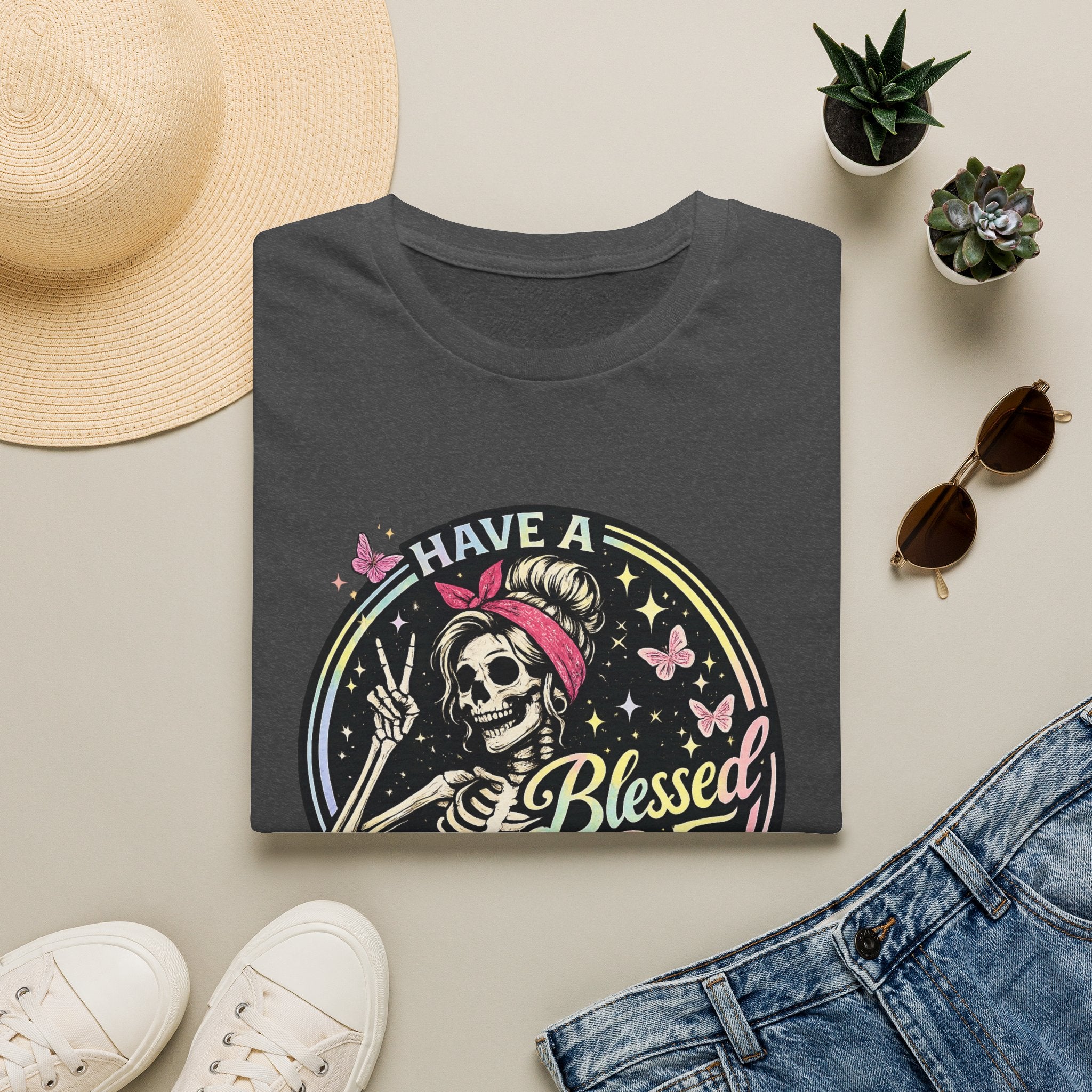 Have a Blessed Day Skull Tee — Retro Floral Skeleton Graphic T-Shirt