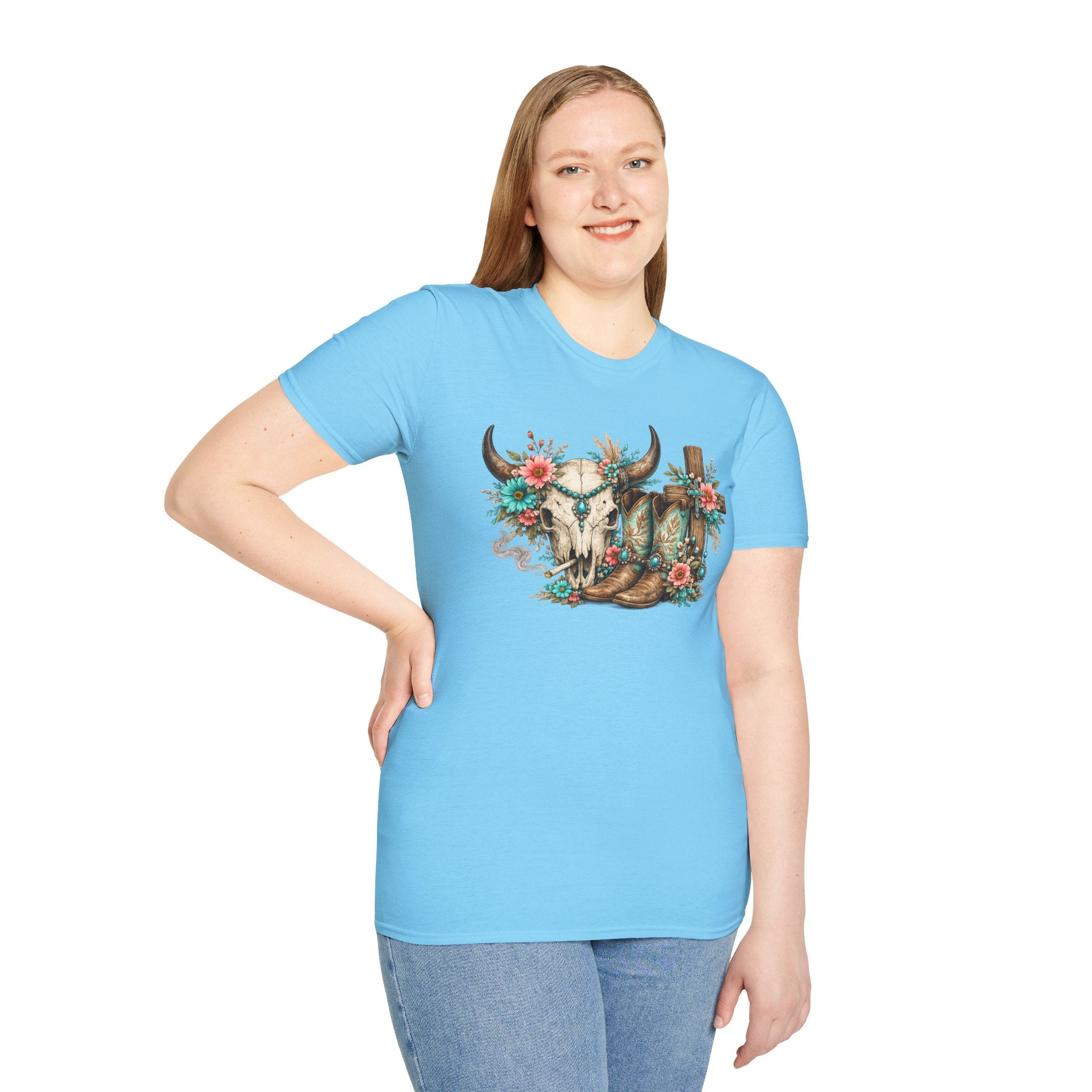 Western Cow Skull Floral T-Shirt — Boho Southwestern Tee