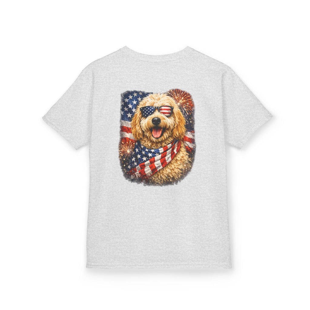 Kids T-Shirt — Patriotic Golden Doodle with American Flag (4th of July, Memorial Day)