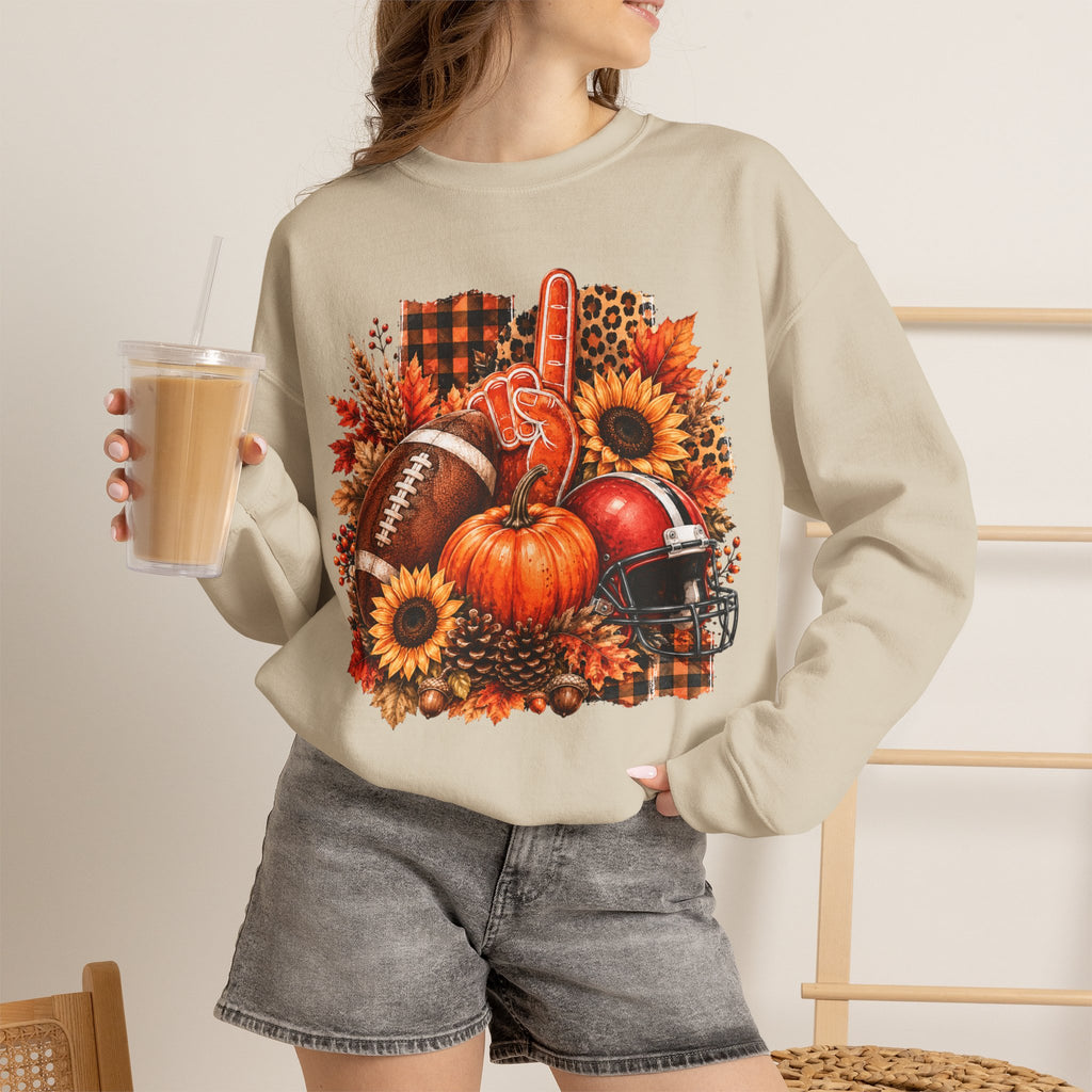 Fall Football Decor Sweatshirt – Pumpkin, Sunflower & Helmet Autumn Crewneck