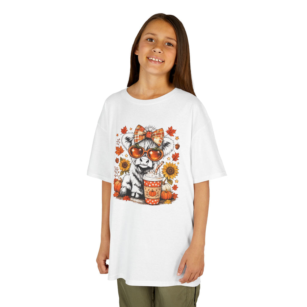Kids Tee — Autumn Cow with Pumpkin Spice Latte & Sunflowers