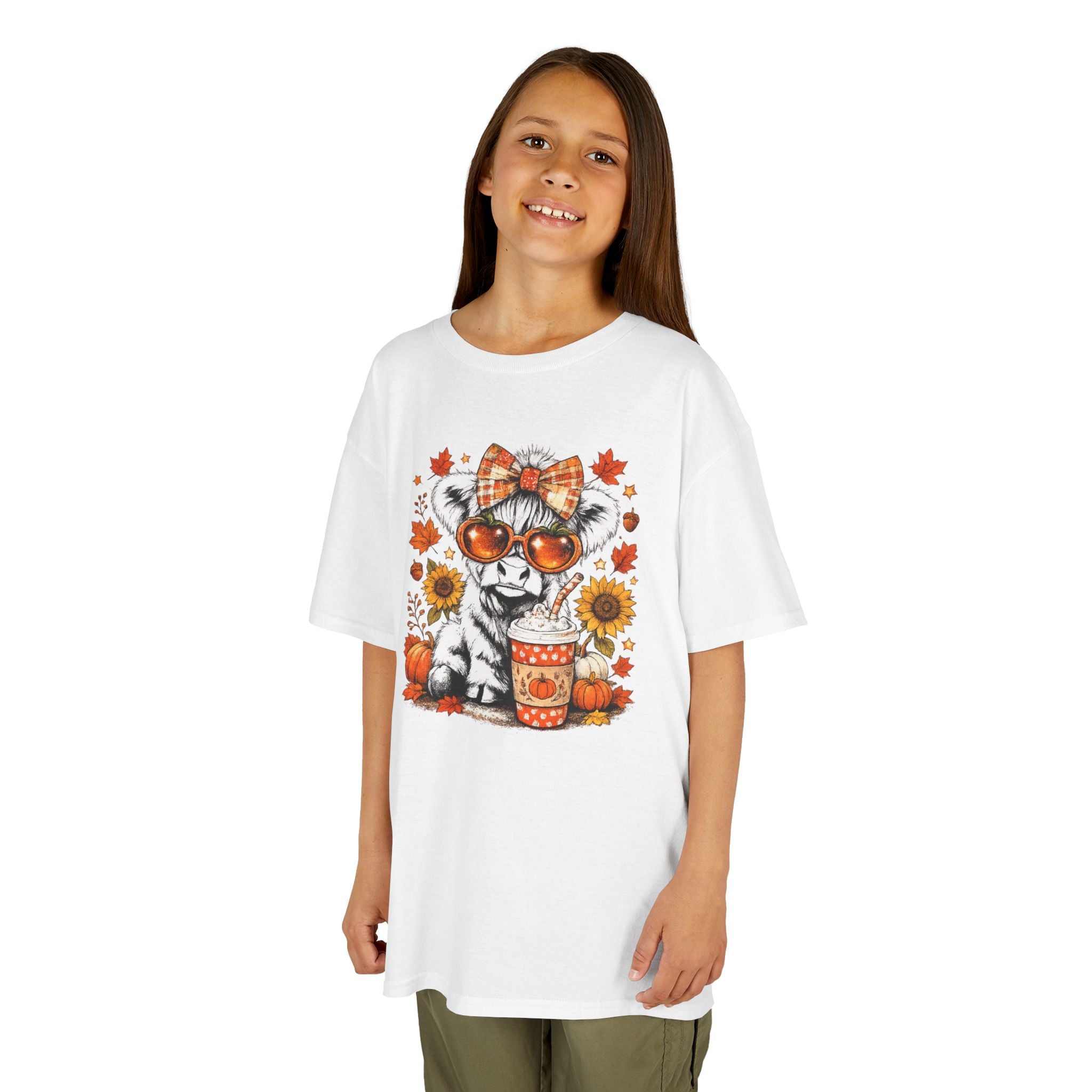 Kids Tee — Autumn Cow with Pumpkin Spice Latte & Sunflowers