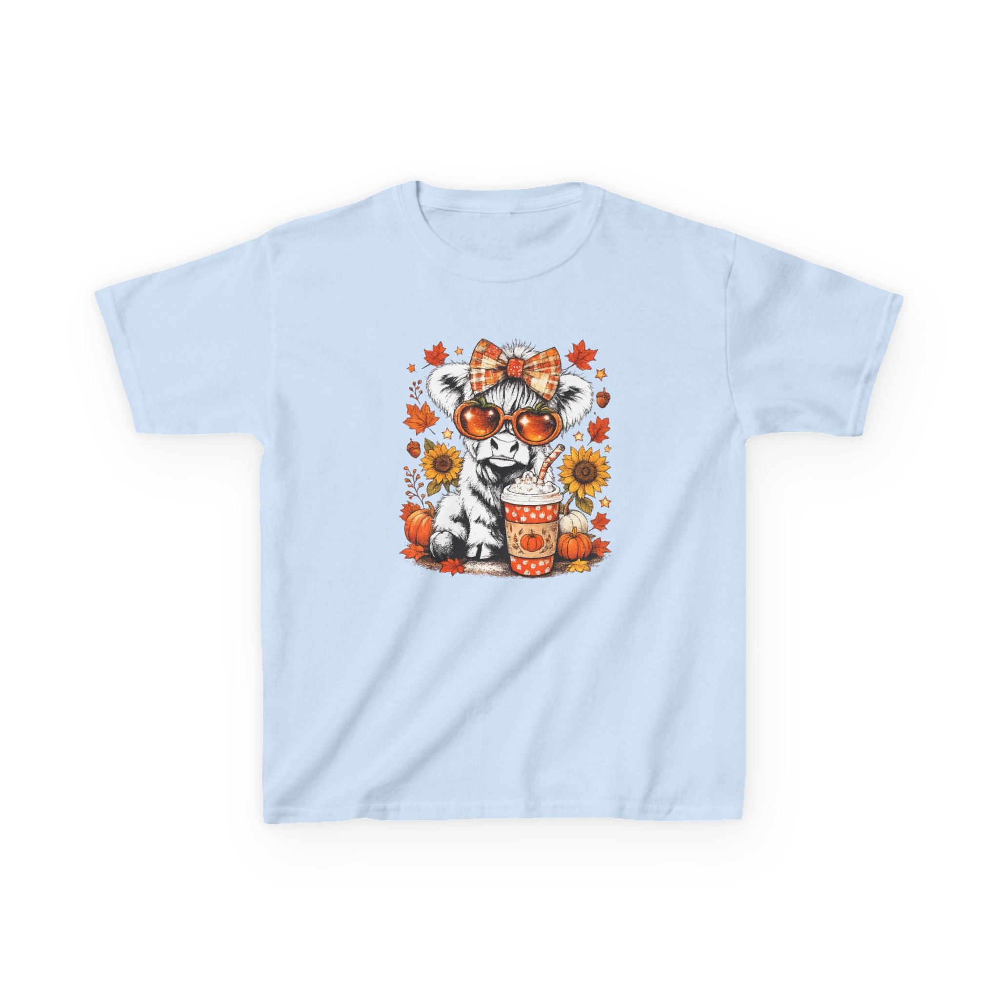 Kids Tee — Autumn Cow with Pumpkin Spice Latte & Sunflowers