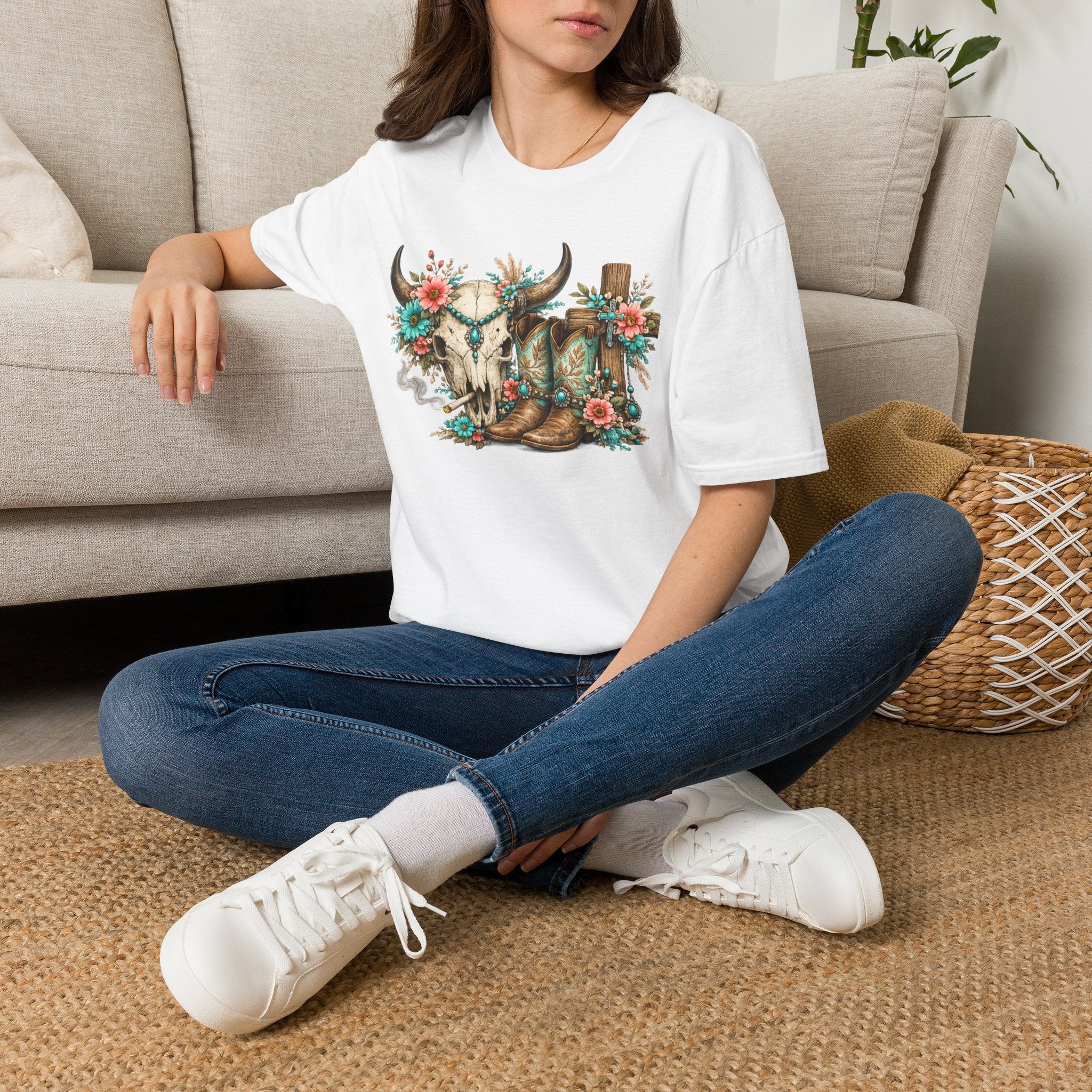 Western Cow Skull Floral T-Shirt — Boho Southwestern Tee