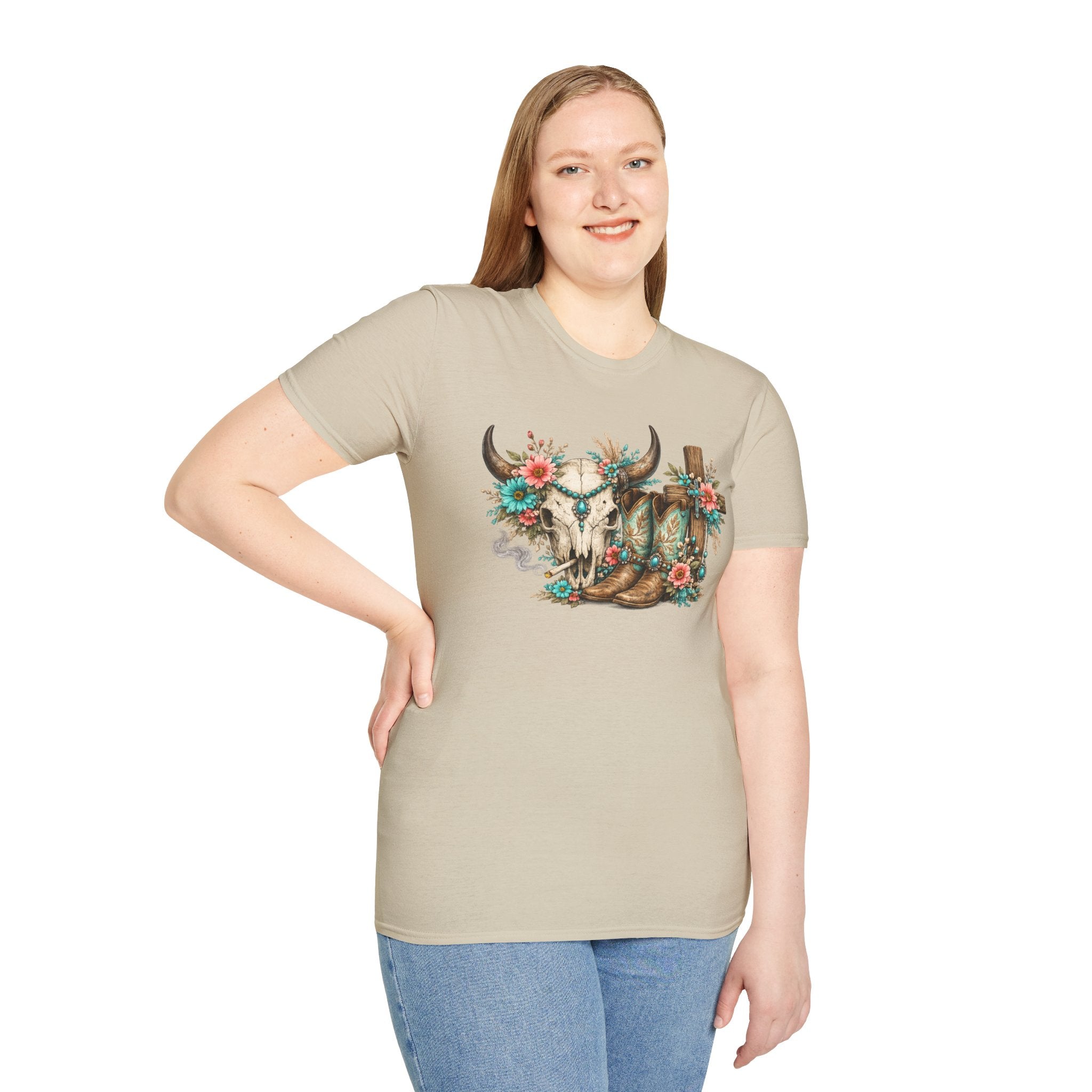 Western Cow Skull Floral T-Shirt — Boho Southwestern Tee