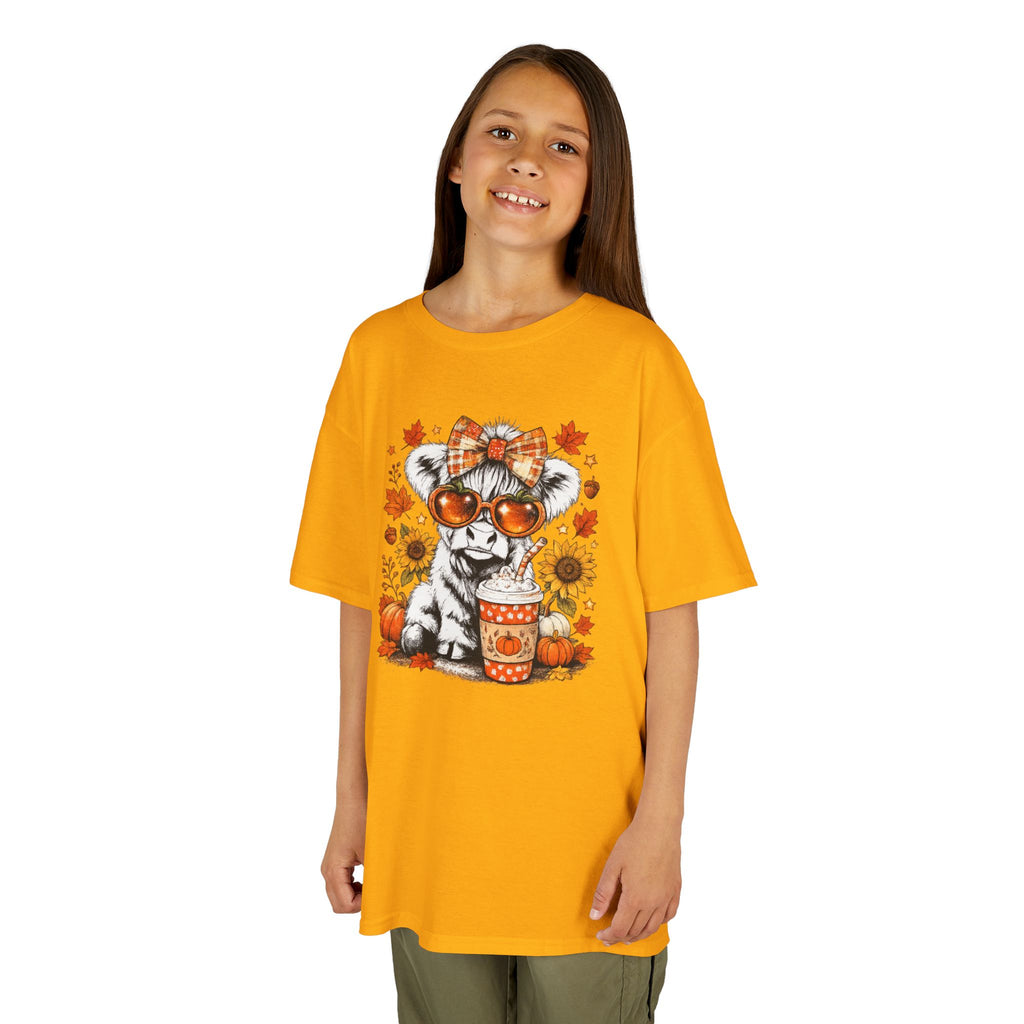 Kids Tee — Autumn Cow with Pumpkin Spice Latte & Sunflowers