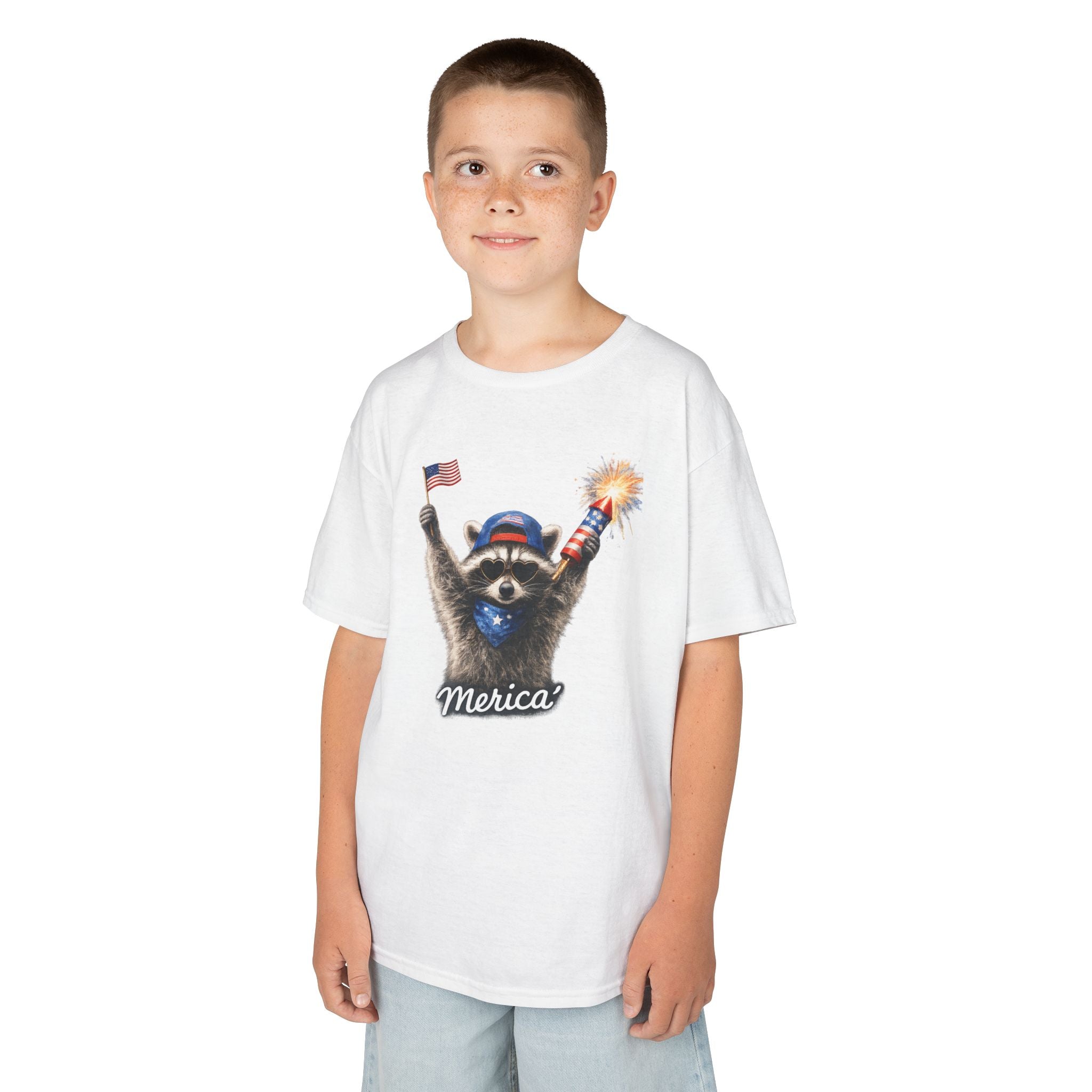 Kids Tee — Patriotic Raccoon 'Merica' Graphic (4th of July)
