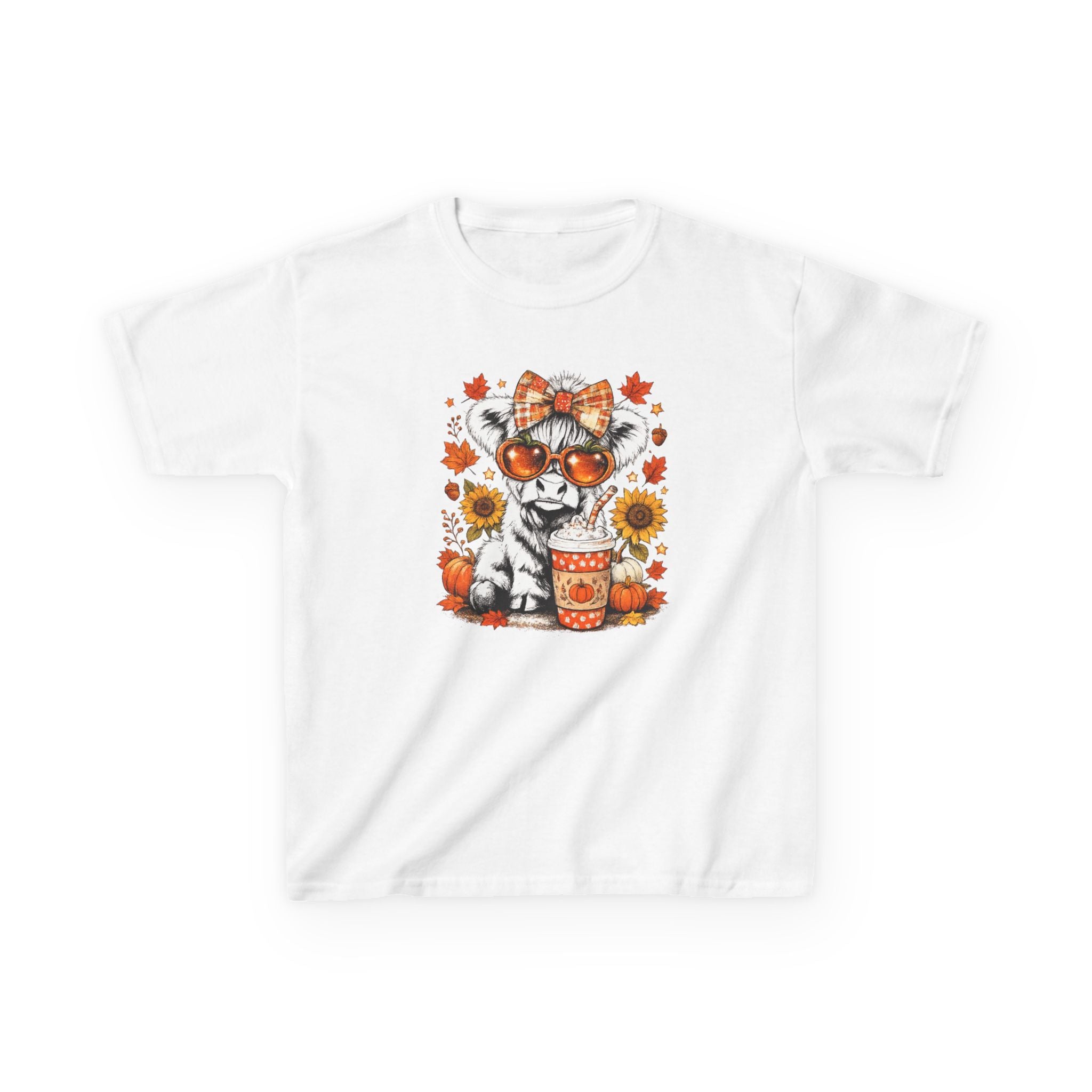 Kids Tee — Autumn Cow with Pumpkin Spice Latte & Sunflowers
