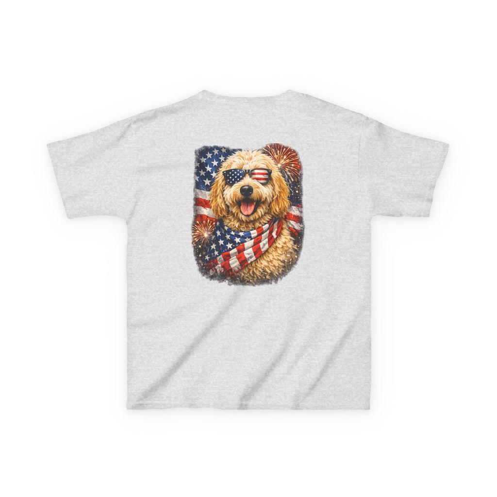 Kids T-Shirt — Patriotic Golden Doodle with American Flag (4th of July, Memorial Day)