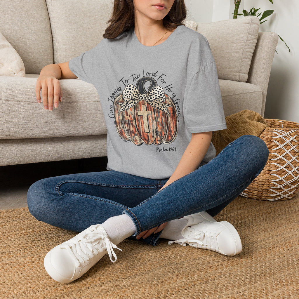Christian Pumpkin T-Shirt — "Give Thanks to The Lord For He is Good" Fall Faith Tee