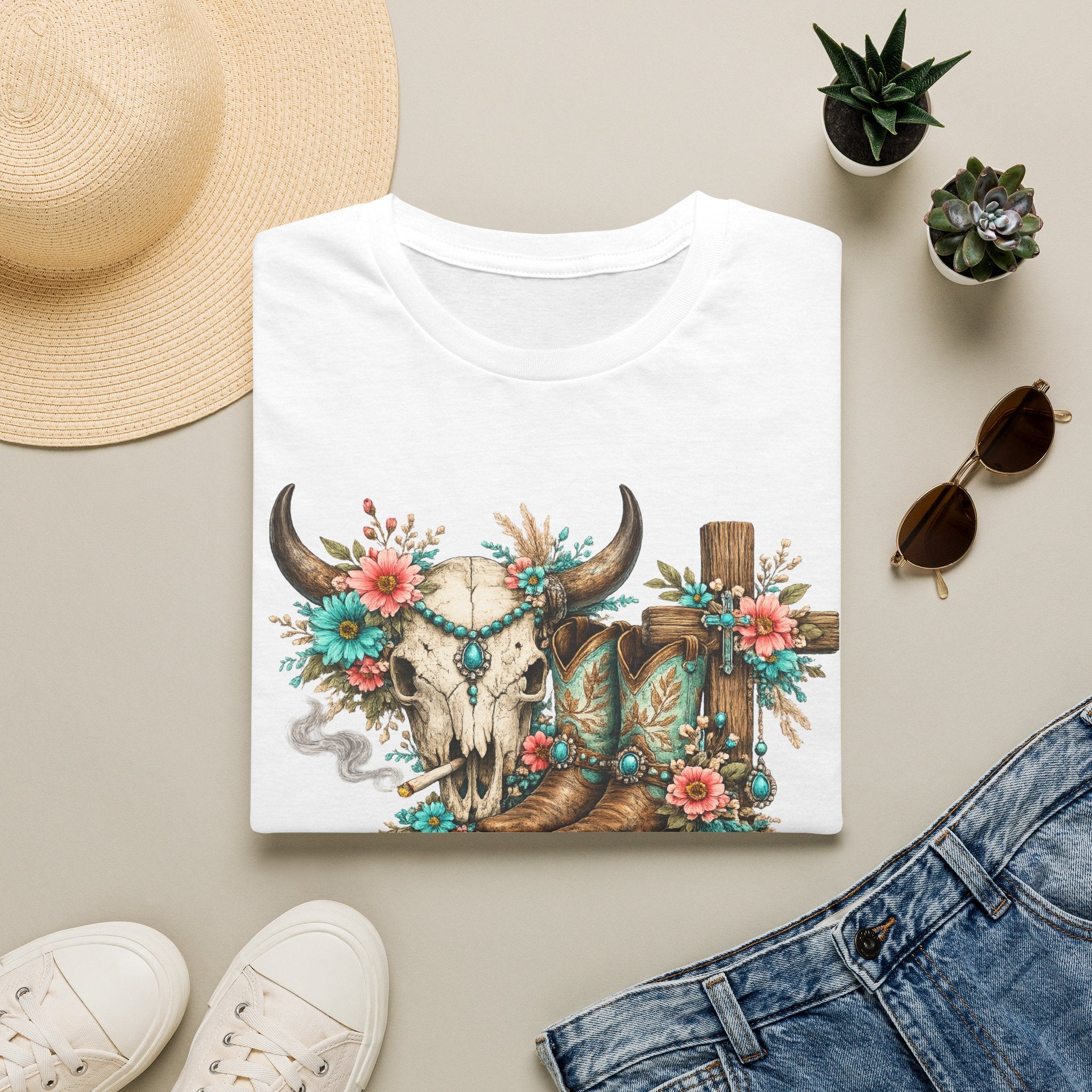 Western Cow Skull Floral T-Shirt — Boho Southwestern Tee