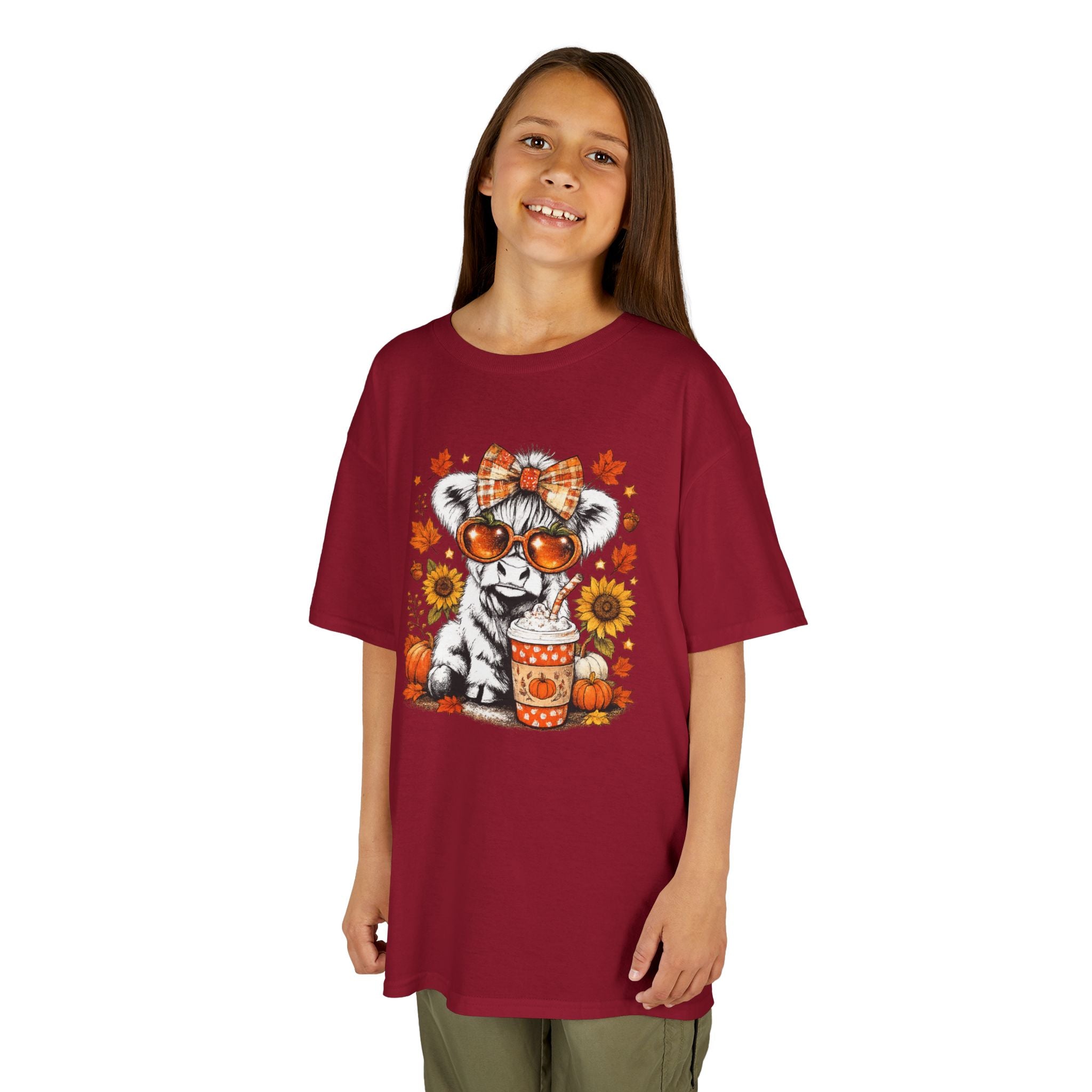 Kids Tee — Autumn Cow with Pumpkin Spice Latte & Sunflowers