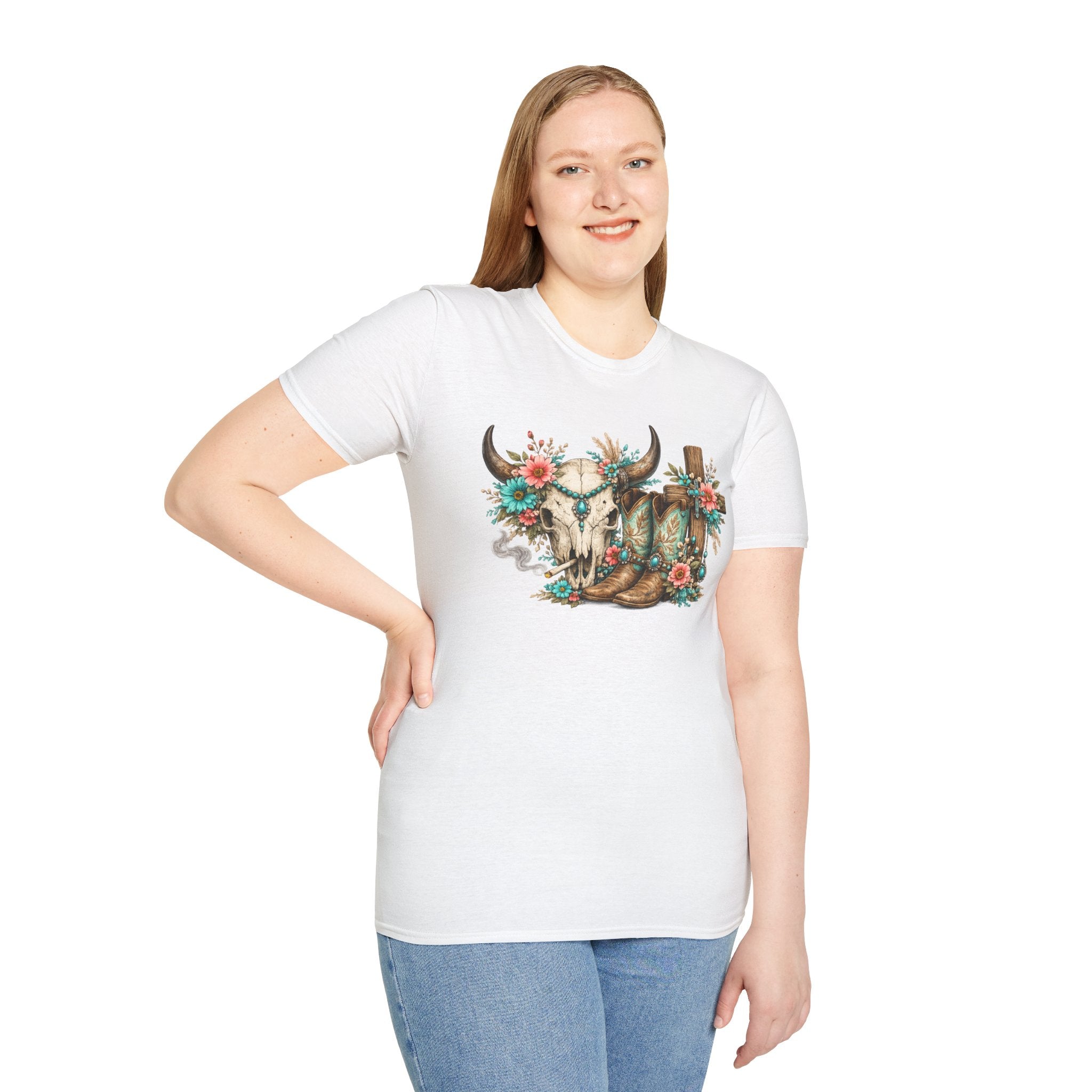 Western Cow Skull Floral T-Shirt — Boho Southwestern Tee