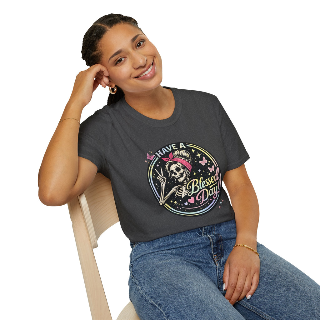 Have a Blessed Day Skull Tee — Retro Floral Skeleton Graphic T-Shirt